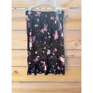 Claudia Richard Black Pink Floral Textured Midi Skirt Elastic Waist Womens Small